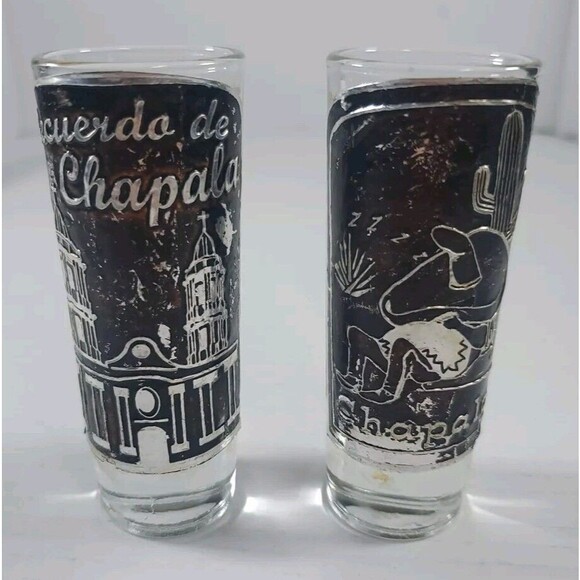 Double Shot Glasses Recuerdo De Chapala‎ Set Of 2 Unique Glasses - Picture 1 of 9